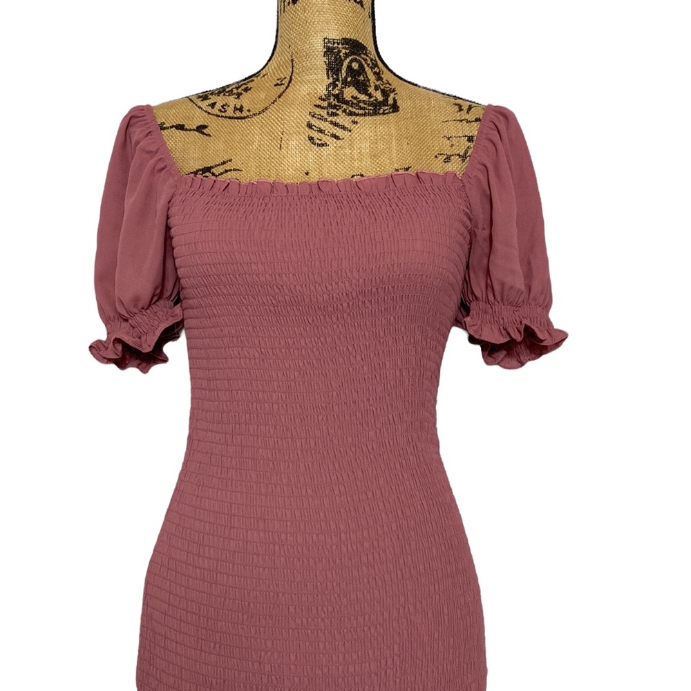 NWT Mauve Puff Sleeves Elastic Bodice Fitted Mini Dress S - Picture 2 of 10